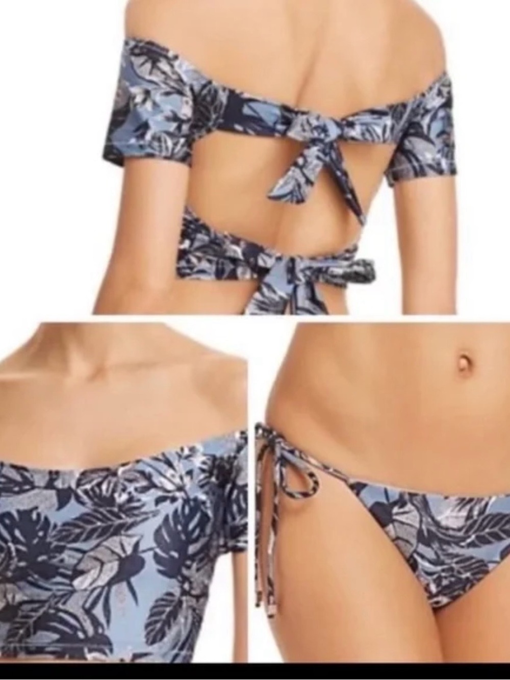 Sam Edelman Off-Shoulder Blue Tropical Print Bikini Set Bottom Size M Top S